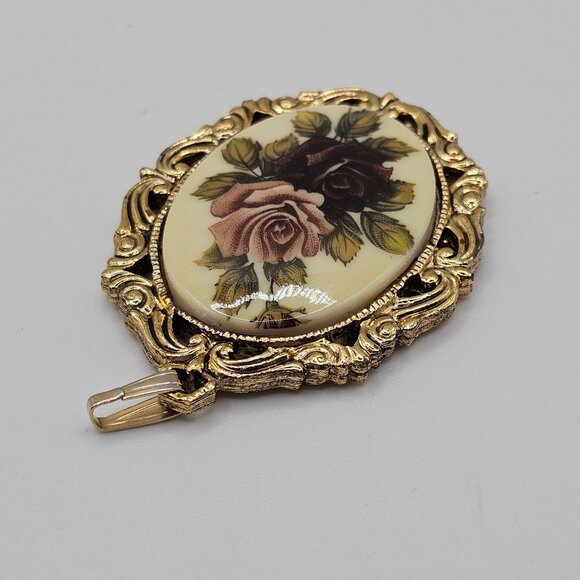 VTG Necklace Pendant Floral Cameo Mirror Backed Gold Tone Frame Antique Revival - Picture 2 of 10
